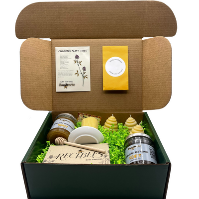 Gift Box | Buzz Worthy Gift Box with Honey Comb Candle | Includes Variety Of Candles, Jars Of Locally Sourced Honey, A Recipe Book, & Flower Seed Packet | Perfect Gift Giving Surprise | A Gift Everyone Will Love