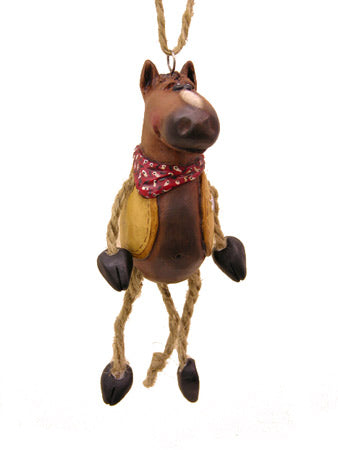 Horse ornament with cowboy vest and neckerchief, having jute-rope legs on a white background