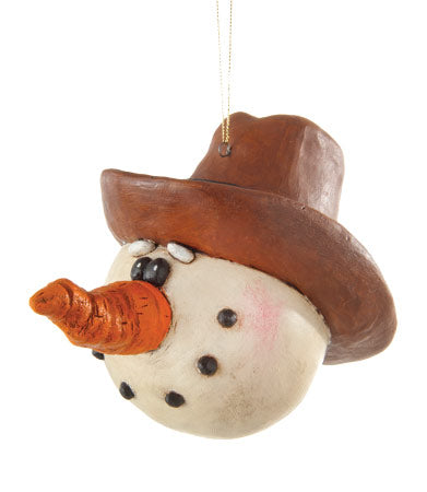 Large snowman head ornament with carrot nose wearing cowboy hat on a white background