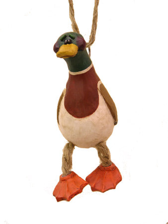 Mallard duck ornament with small wings, jute-rope legs and large feet on a white background