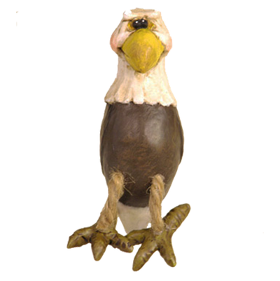 Bald eagle ornament with jute-rope legs and large feeton a white background