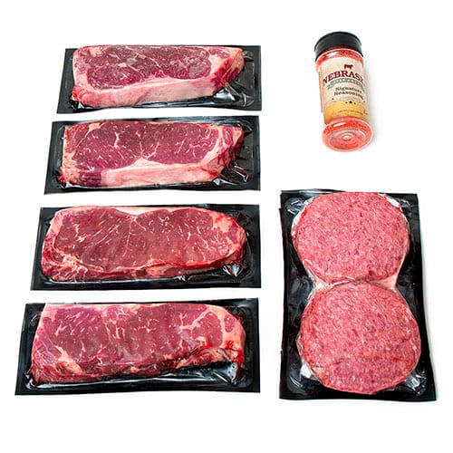 New York Strips and Beef Patties | 12 oz. Steaks and 1/3 lb. Patties | Tender, Flavorful, & Juicy | Perfect Blend Of Natural Angus & Wagyu Beef | Seasoning Of Your Choice Included | Elevate Your Meat Quality | Shipping Included