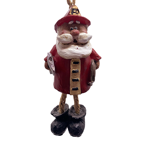 Santa ornament, having jute-rope legs and wearing fireman's coat and hat, big black boots, holding an axe on a white background