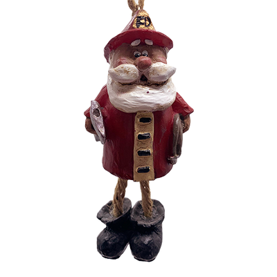 Santa ornament, having jute-rope legs and wearing fireman's coat and hat, big black boots, holding an axe on a white background