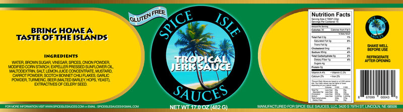 Tropical Jerk Sauce | Spice Isle Sauce | Authentic All Natural Sauce | USA Made | Caribbean Style Sauce | No High Fructose Corn Syrup Sauce | | No MSG | 17 oz. Bottle | 6 Pack | Shipping Included