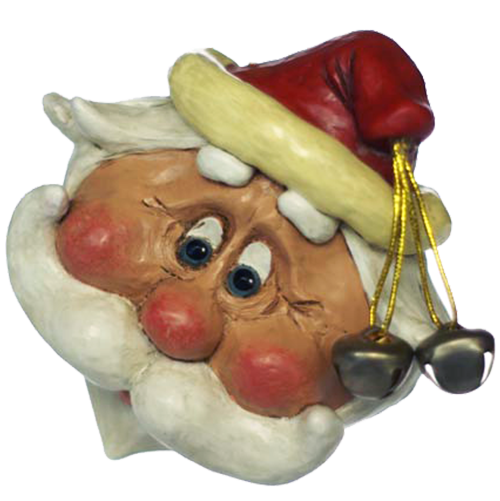 Large Santa head ornament with jingle bells on a white background