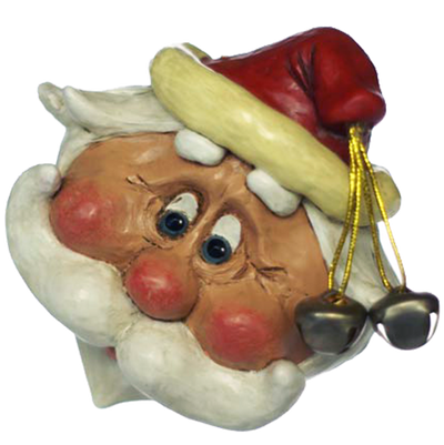 Large Santa head ornament with jingle bells on a white background