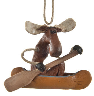 Moose with jute-rope front legs, sitting in a canoe holding an oar, on a white background