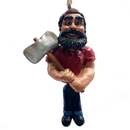 Paul Bunyon lumberjack ornament with large forarms, big bushy beard and eyebrows and holding a large axe, shown on a white background