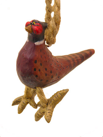 Pheasant ornament with jute-rope legs and large feet, shown on a white background