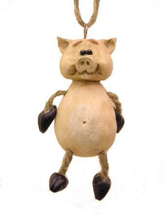 Pig ornament with jute-rope legs and large round belly, shown on a white background