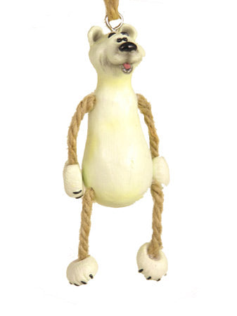 Polar bear ornament with jute-rope legs and goofy grin, shown on a white background