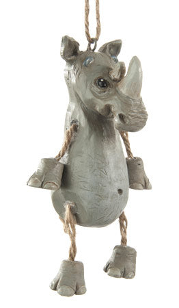 Rhino ornament having jute-rope legs and large feet, shown on a white background