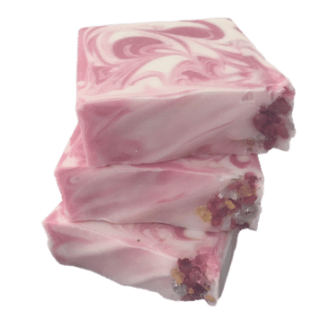 3 Rose Quartz 4.5 oz soap bars on white back ground.