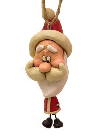 Santa ornament having large head, small body and wire legs with big feet