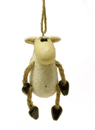 White sheep ornament with jute-rope legs and black hooves, shown on a white background