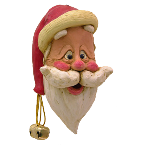 Narrow Santa head ornament with jingle bells on a white background