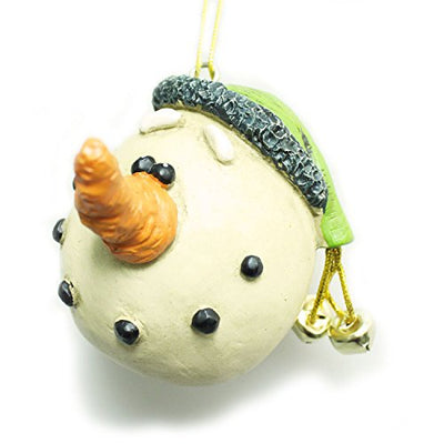 Large Snowman head ornament with carrot nose, coal chunk mouth, green stocking cap with jingle bells on a white background