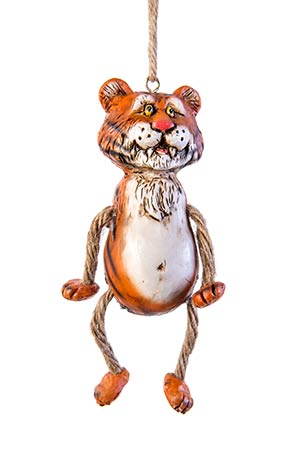 Tiger ornament having jute-rope legs, shown on a white background