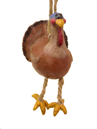 Turkey ornament with jute-rope legs, big feet and long red wattle, shown on a white background